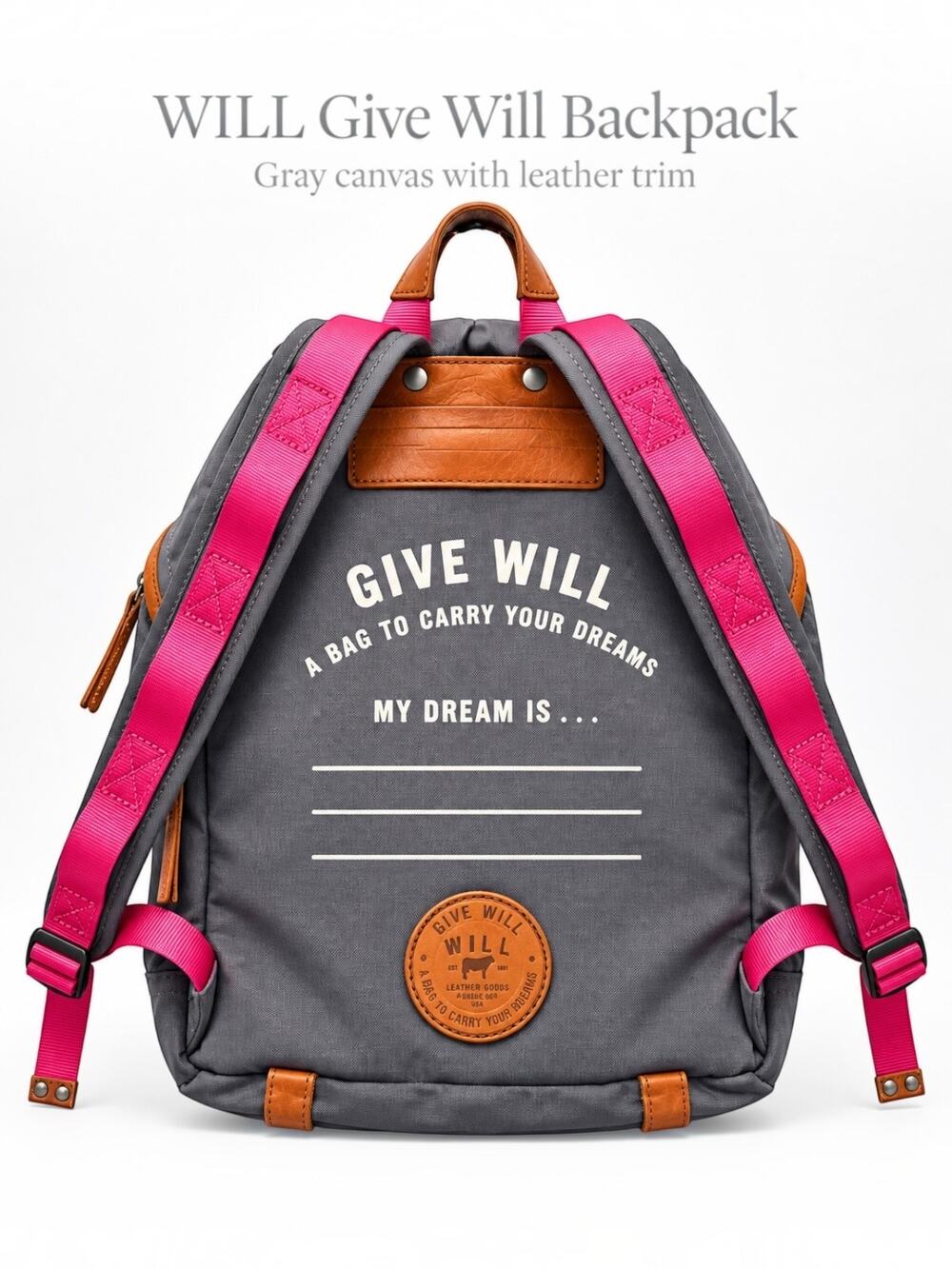 WILL Leather Goods Give Will Gray Pink Leather Trim Backpack
